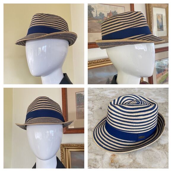 Papillon Panama Style Hat Blue and Straw Colored Stripes 100% Recycled - Picture 1 of 10